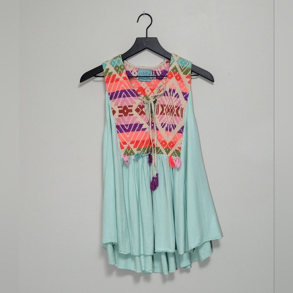Judith March size large flowy Bohemian tank top in robin blue and geo pattern